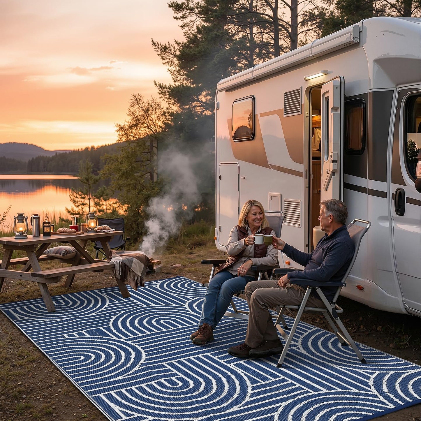 Garvee Reversible Rainbow Outdoor Rug 6x9, Waterproof Outdoor Plastic Straw Rug, RV Mat for Picnics, Patio, Camping, Balcony, Deck, Backyard, Porch, Blue