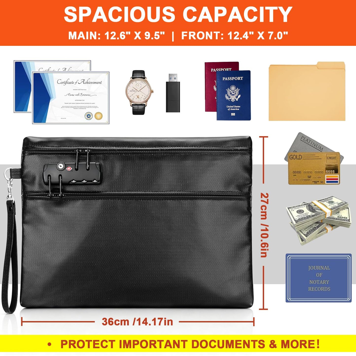6400°F Fireproof Document Bag with Combination Lock - Heat Resistant Money Bag for Cash, Passports, Deeds, Phones, Waterproof Fire Proof Bag (Black)