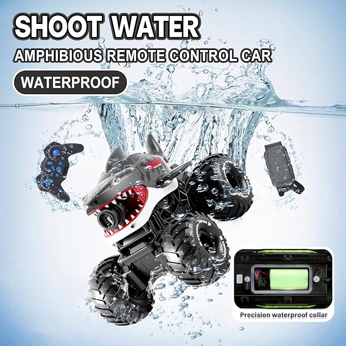 Gesture Sensing Amphibious Remote Control Gray Shark Monster Truck with Water Squirt 4WD 1:16 RC Car All-Terrain Waterproof RC Tank Pool Toy Outdoor Summer Gifts for Kids Age 6+（2 Replaceable battery)