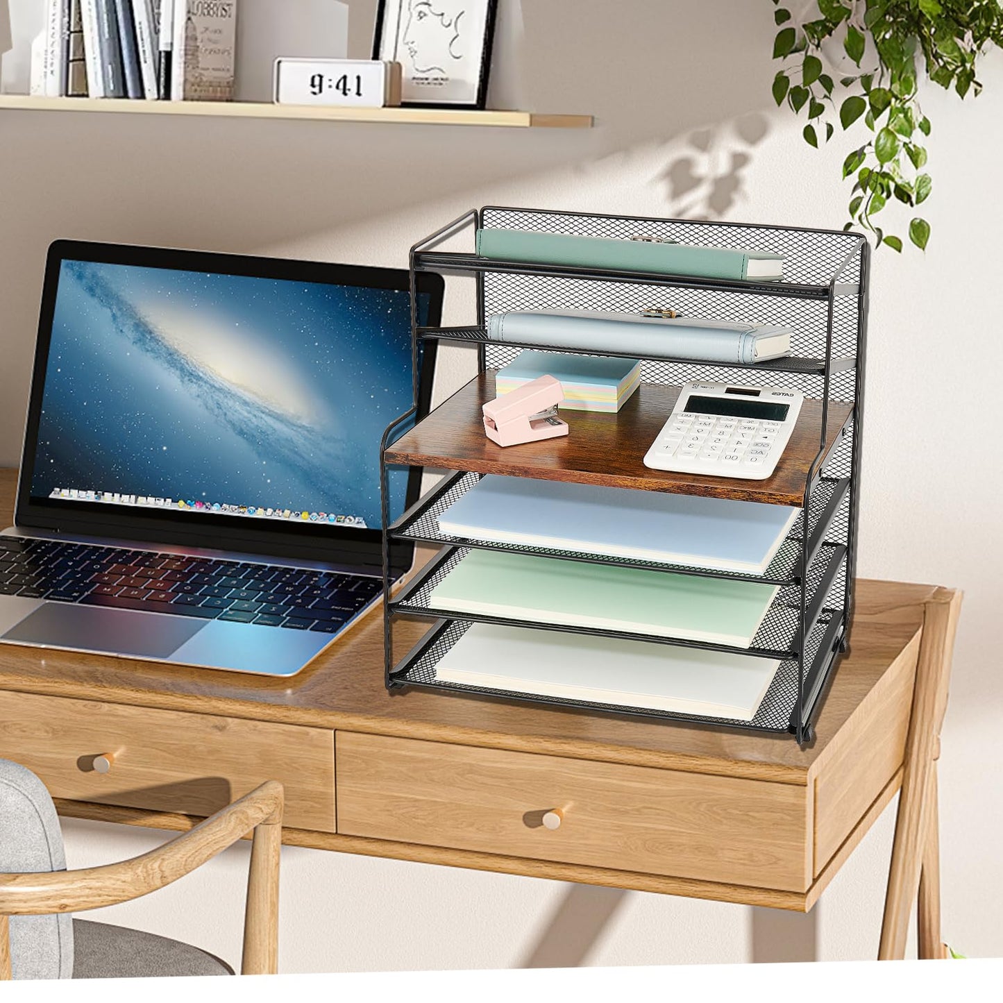 OPNICE 6-Tier Letter Tray Paper Organizer, Desk Organizers and Accessories, Desktop File Organizer, Office Desk Accessories for Office Supplies (Wood Brown)