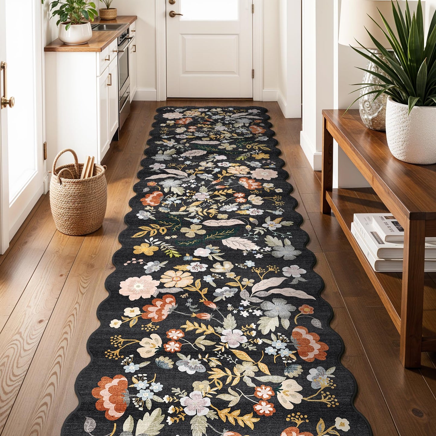 3x12ft Long Hallway Runner Rug - Non Slip Washable Floral Floor Runner for Kitchen Entryway Bathroom，Boho Low Pile Thin Rubber Backed Scalloped Carpet Runner (Black, 3x12)