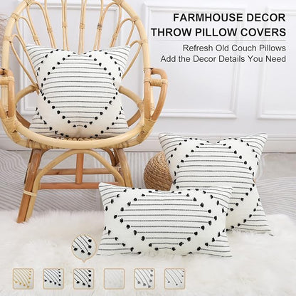 Mecatny Boho Outdoor Throw Pillow Covers 20X20 Set of 2, Farmhouse Decorative Pillow Covers for Couch Sofa Living Room, Black & Cream White