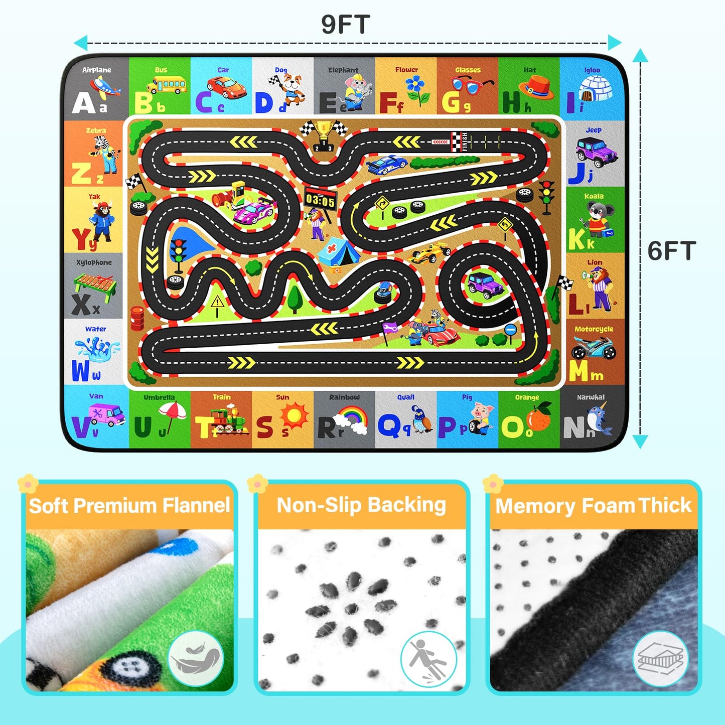Diysani Race Track Rug, Car Road Rug for Kids, Non-Slip Kids Playroom Carpet, Washable Educational Carpt for Learning Alphabet, Animals, 6x9 feet