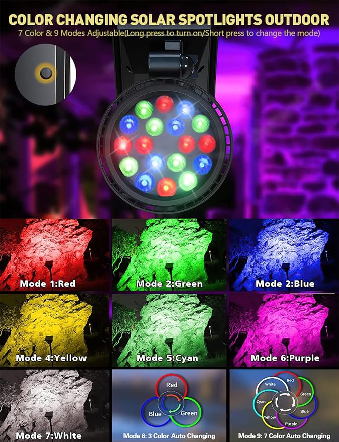 Solar Spot Lights Outdoor, 9 Color Modes, 18 LED Spotlight, 600LM Landscape Lights, Solar Powered for Garden, Yard, Driveway, Tree, Christmas, Halloween Decor (4 Pack)