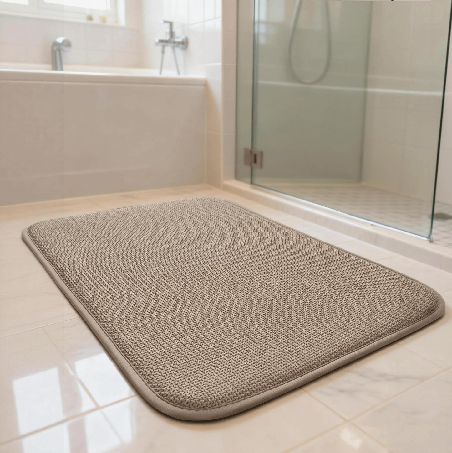AREDO Thick Memory Foam Bathroom Mat, Soft Absorbent Polyester Bath Rug Quick Dry, Non Slip Shower Floor Rugs with Rubber Backing, Machine Washable (Camel, 24" x 16")