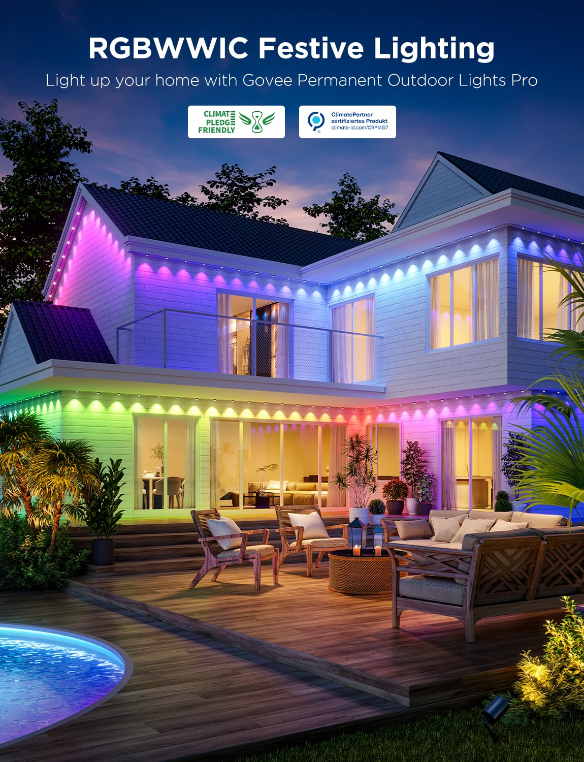 Govee Permanent Outdoor Lights Pro, 200ft with 120 RGBIC LED Lights for Daily and Accent Lighting, 75 Scene Modes for Patio Decor, IP67 Waterproof, Works with Alexa, Google Assistant, Matter, White