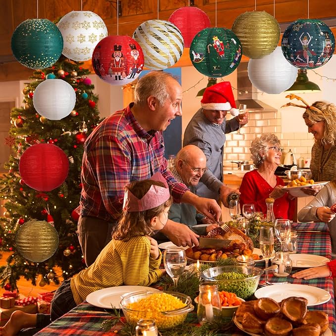 Bencailor 12 Pcs Christmas Hanging Paper Lanterns Set Decorative Christmas Party Lanterns Round Hanging Lamps for Xmas Home Decoration Supplies Props Holiday Decor (Striped,12 Inch,10 Inch, 8 Inch)