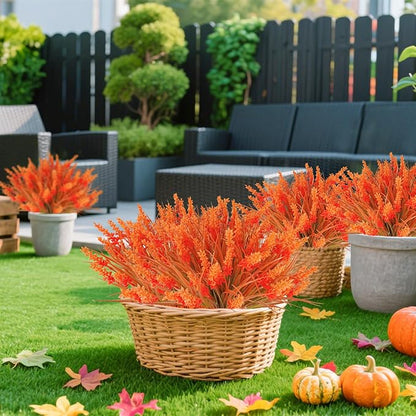12 Bundles Artificial Fall Flowers for Outdoors Fake Fall Lavender Flowers UV Resistant Plastic Faux Fall Plants for Home Porch Autumn Fall Decorations (Orange)