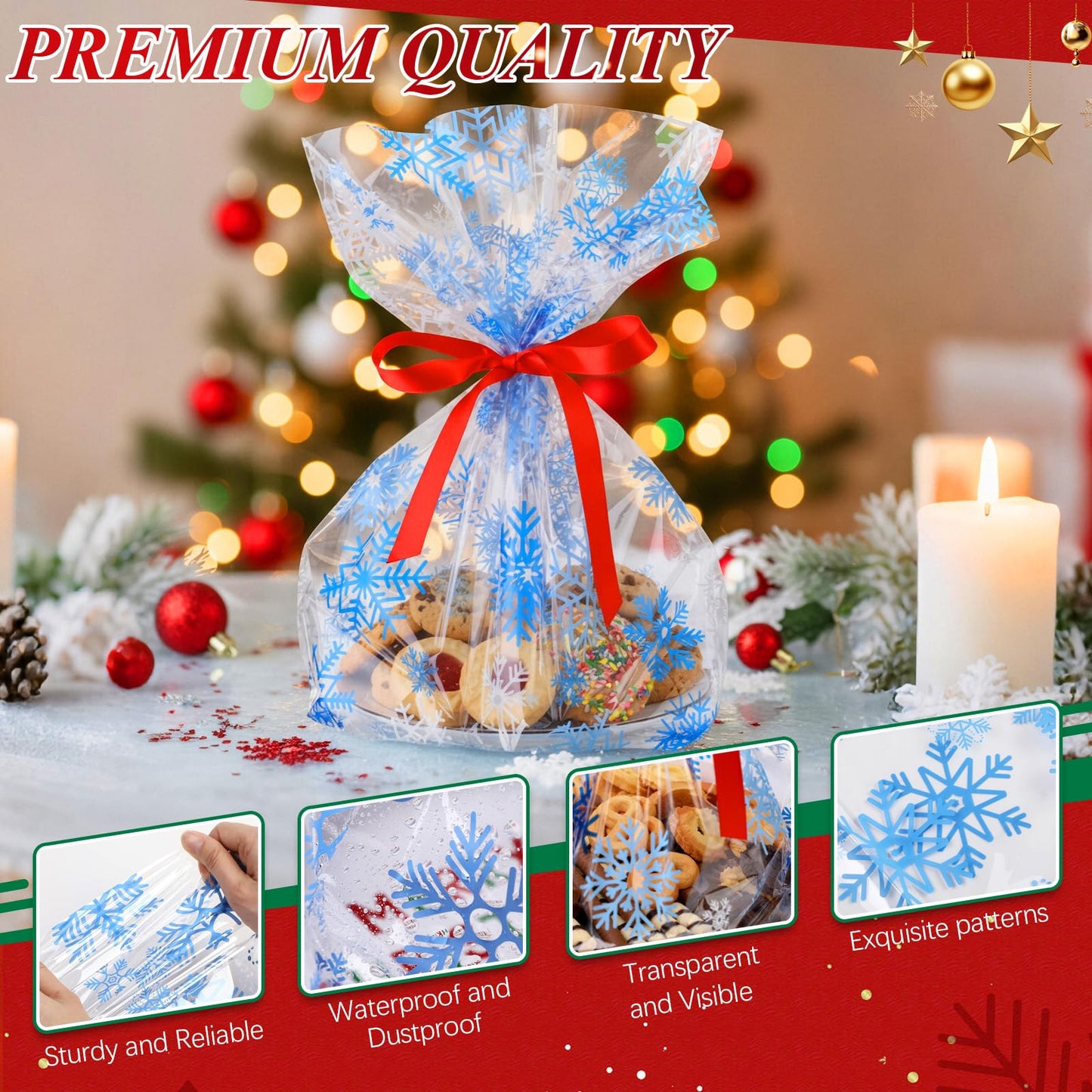 Tenceur 100 Sets Cellophane Cookie Tray Bags with Red Ribbons 15.8" x 19.7" Clear Cellophane Goodie Treat Basket Bags for Gift Giving Xmas Holiday Parties Wrap (Vivid Style)