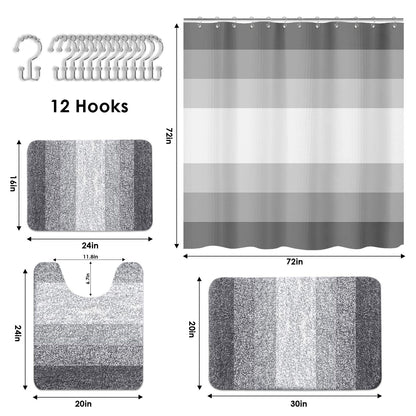 Britimes Grey Stripes Bathroom Sets with Shower Curtain and Rugs, Ombre Modern Minimalist Striped Waterproof Shower Curtain Liner and Soft Non Slip Bath Mat for Bathroom Decor and Accessories Hooks