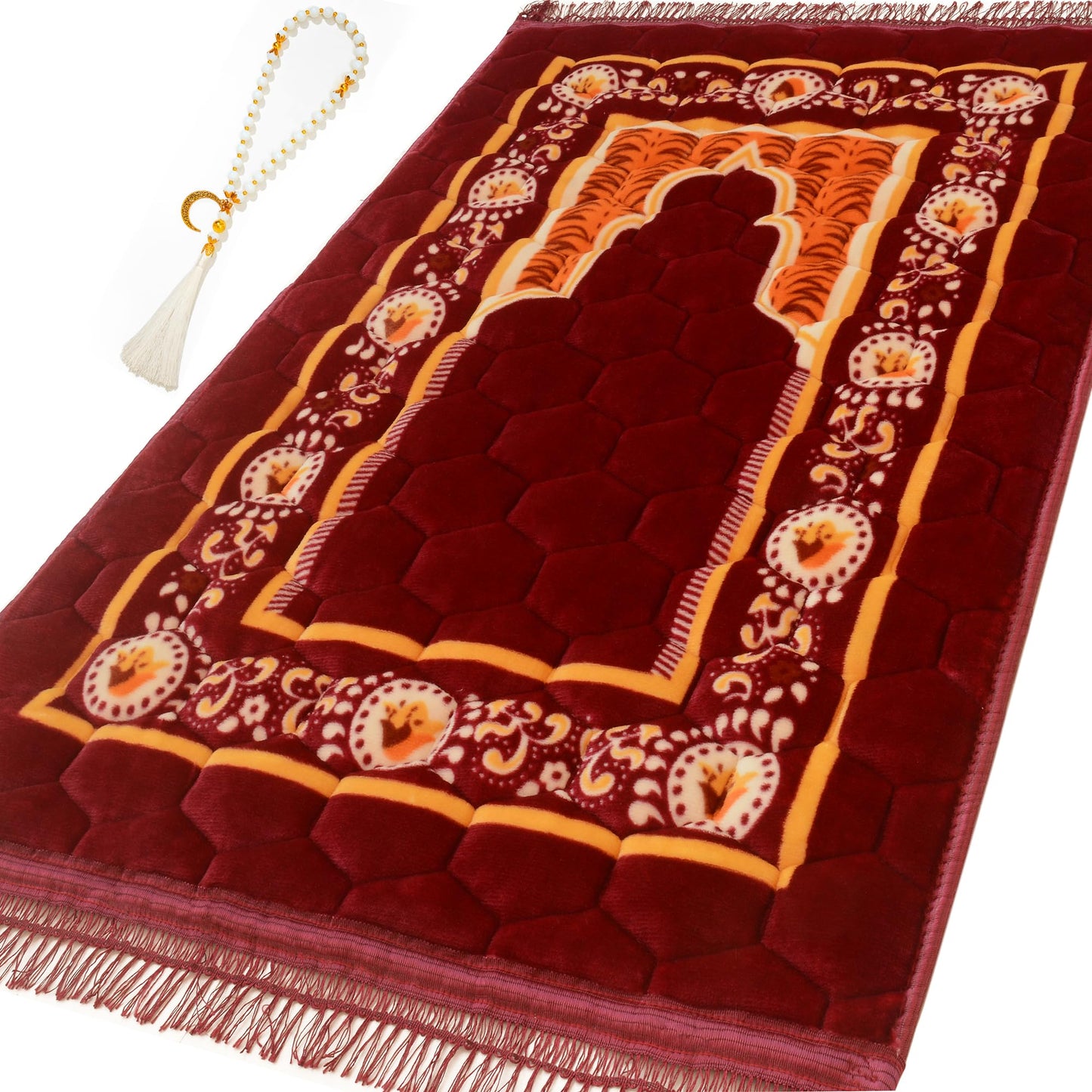 YAZEIN Prayer Rug Muslim Mat Islamic - Padded Very Thick Prayer Rug Sajadah for Men Women with Islam Prayer Beads, Soft and Luxury (31.5" x 47.2") (Red)