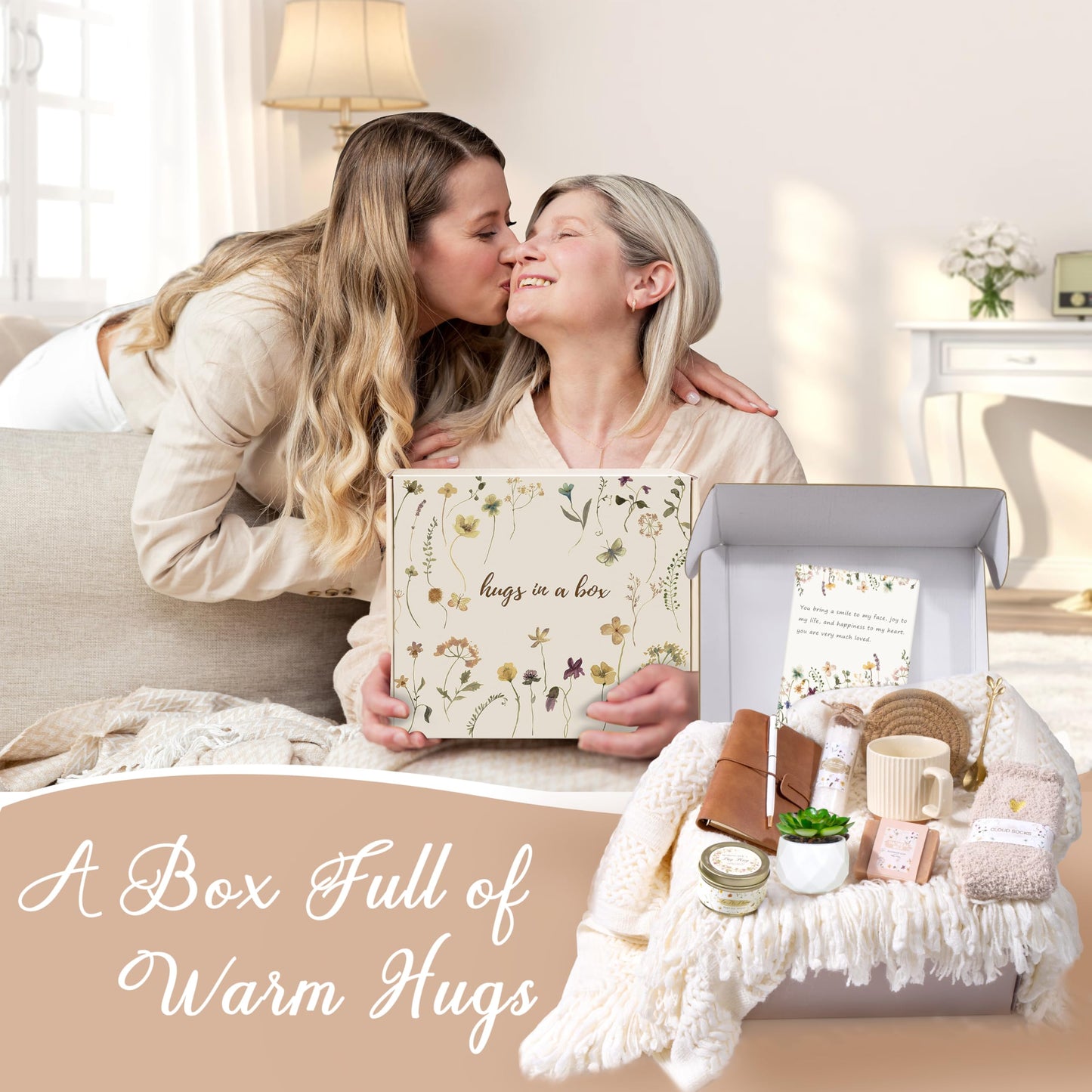 Lepiche Birthday Gifts for Women, Get Well Soon Self Care Package Box, Sending Hug Baskets Thinking of You Inspirational Gift for New Mom Best Friend Birthday (Ivory)