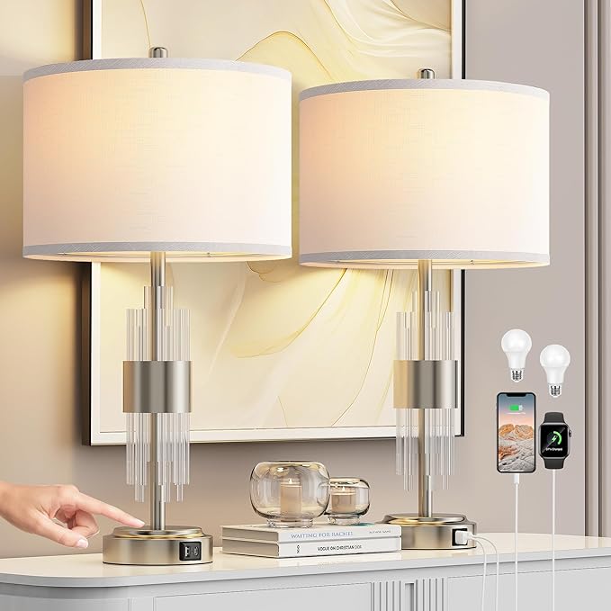 QiMH Table Lamp for Living Room,Bedside Lamp for Bedrooms Set of 2 with USB A+C Ports,3-Way Dimmable Touch Control,Modern Nightstand Lamp White Lampshade Home Decor, LED Bulb Included, Brushed Silver