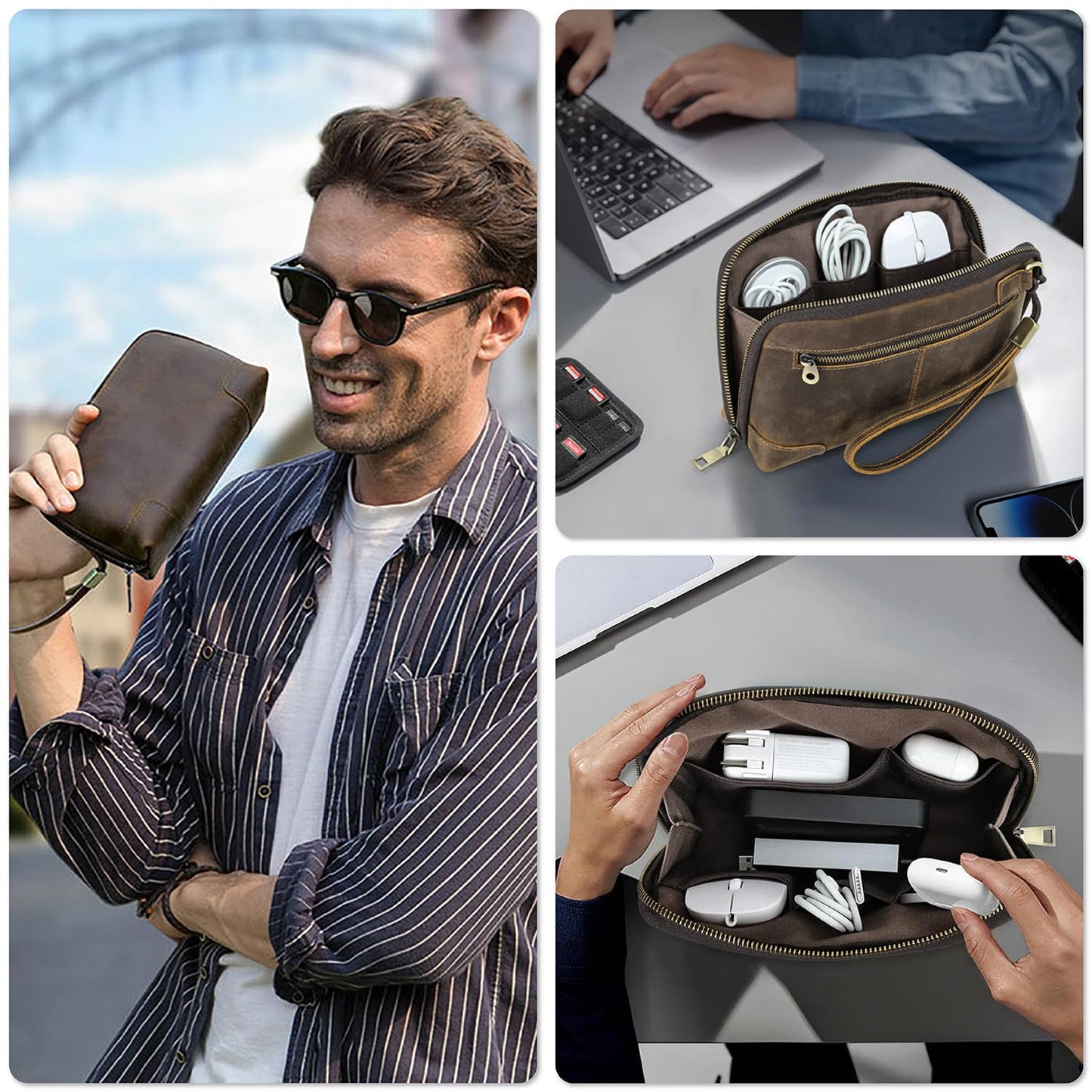 CataPurus Electronic Organizer Zipper Bag Tech Pouch, Top Grain Leather Handmade, Portable Compact Travel Storage Cases Fits Apple Accessories, Phone, USB Cables, Power Banks, Chargers, Hard Drive