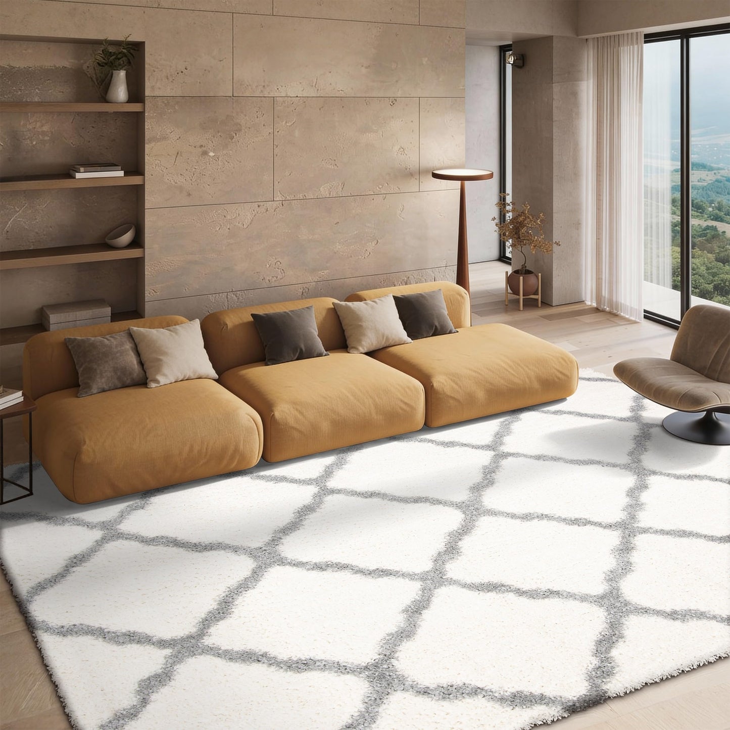 SAFAVIEH Parma Shag Collection Area Rug - 6' x 9', Cream & Grey, Moroccan Trellis Design, Non-Shedding & Easy Care, 1.2-inch Thick Ideal for High Traffic Areas in Living Room, Bedroom (PMA521A)