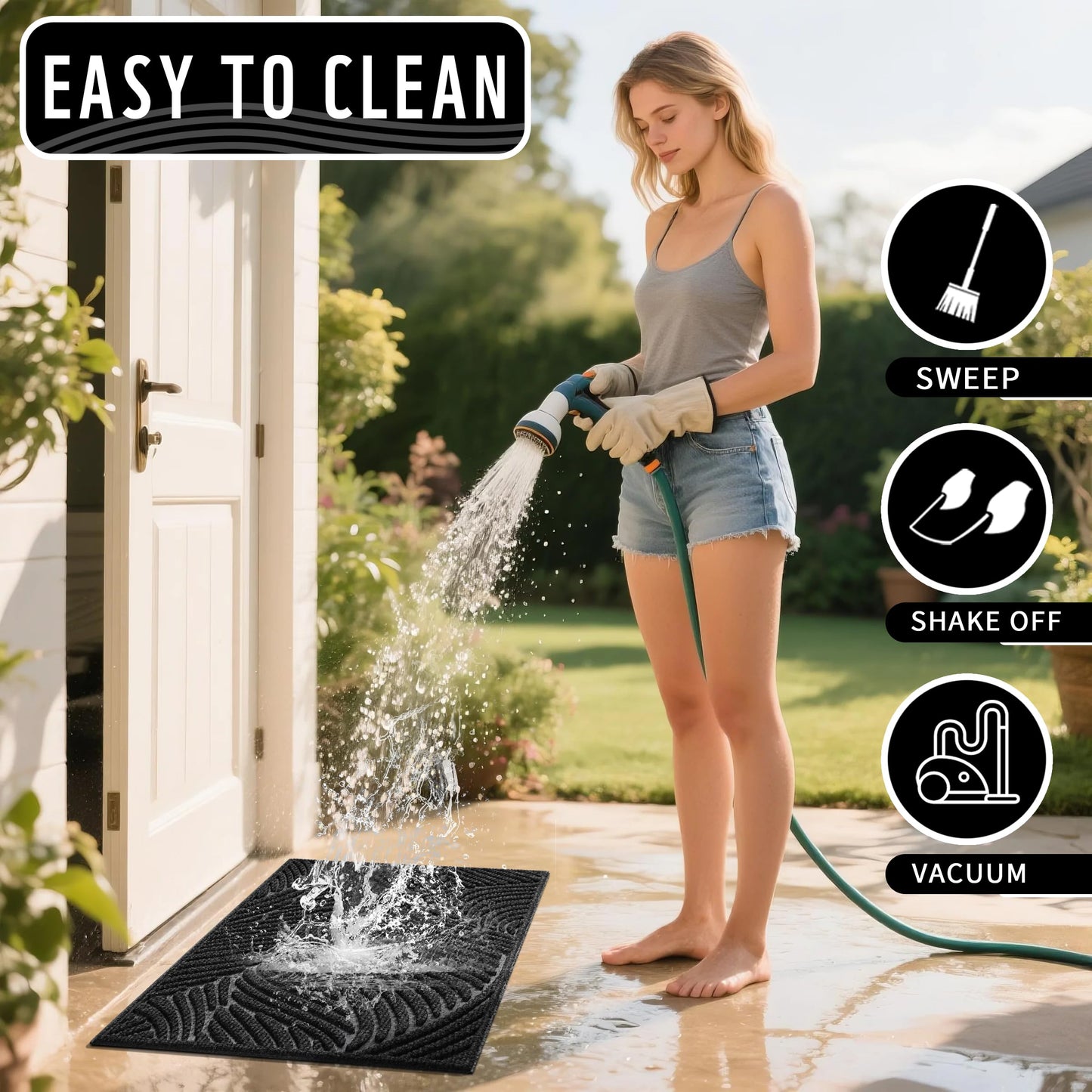 Yimobra Doormat Indoor Outdoor Entrance, Simple Stripes, All-Weather Waterproof & Non-Slip Mat for Front Door, Heavy Duty Polyester Welcome Mat for Garage, Patio-60x36，Black