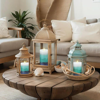 Baquler 3 Pcs Blue Teal Coastal Beach Pillar Candles Flameless LED Ocean Gradient Candles Battery Operated Decorative Flickering Candlestick for Wedding Home Seaside Nautical Party Decor