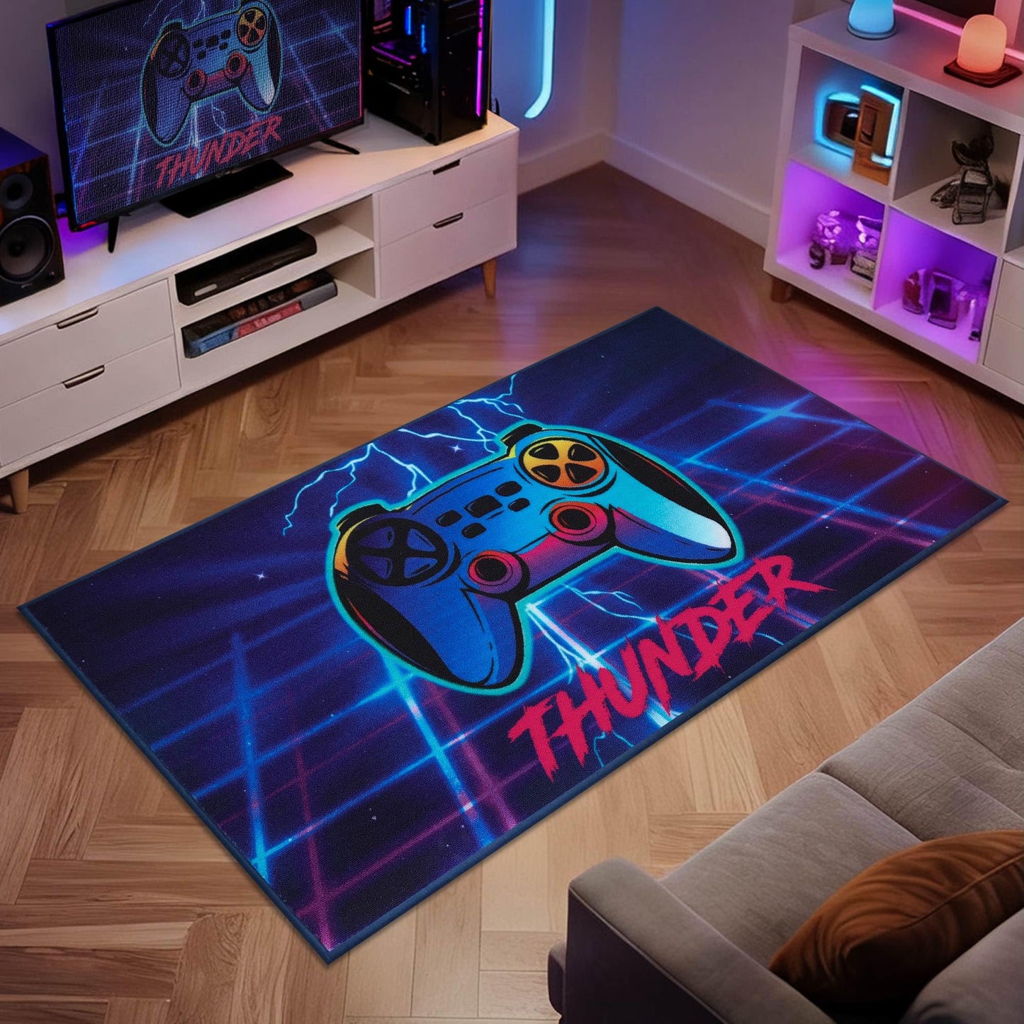 JSEI Gaming Rug for Kids Teens 32"x60", Video Game Kids Rug with Gamepad Controller Pattern, Non-Slip & Machine Washable Gaming Floor Carpet Mat for Playroom,Living Room&Bedroom, Blue