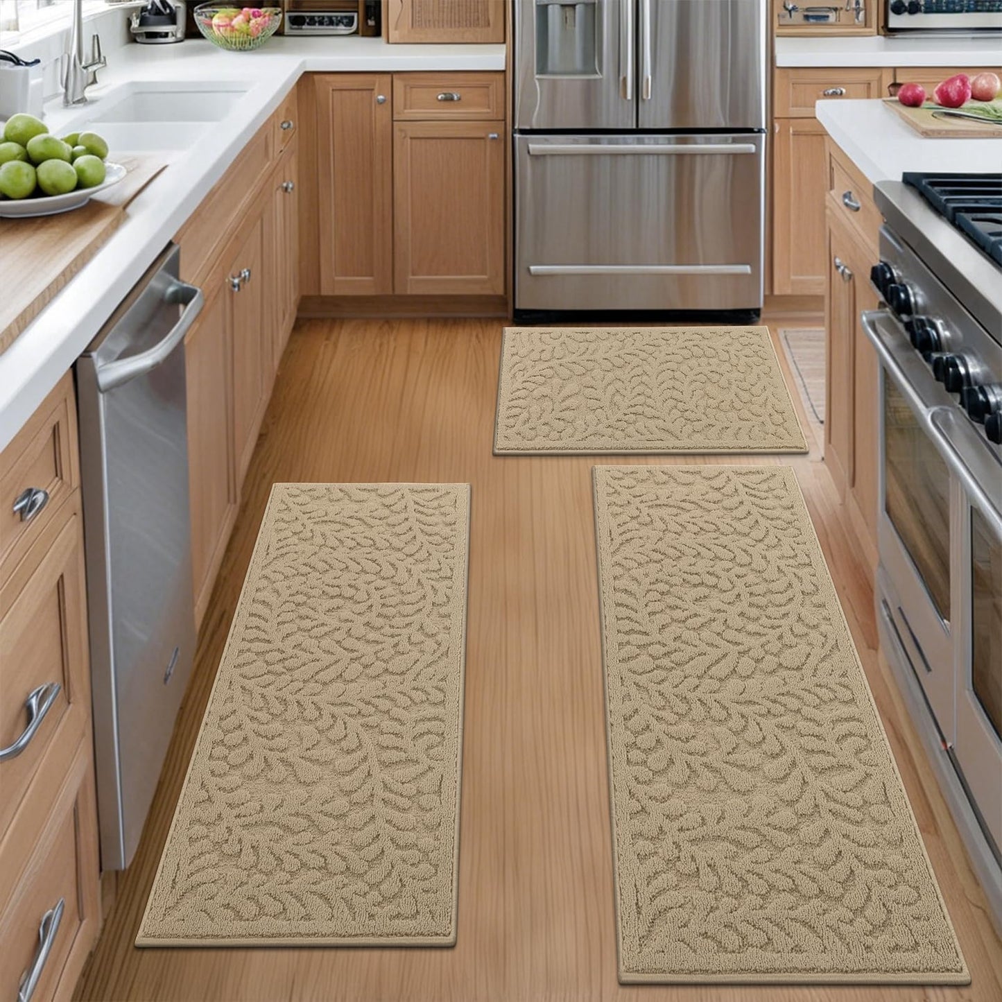 SHACOS Kitchen Rugs Sets of 3 Non Slip Washable Polypropylene Low Pile Absorbent Resist Dirt Kitchen Floor Mat 3 Piece for Entryway, Hallway, Front of Sink (17"x30"+17"x47"+17"x59", Leaves Beige)