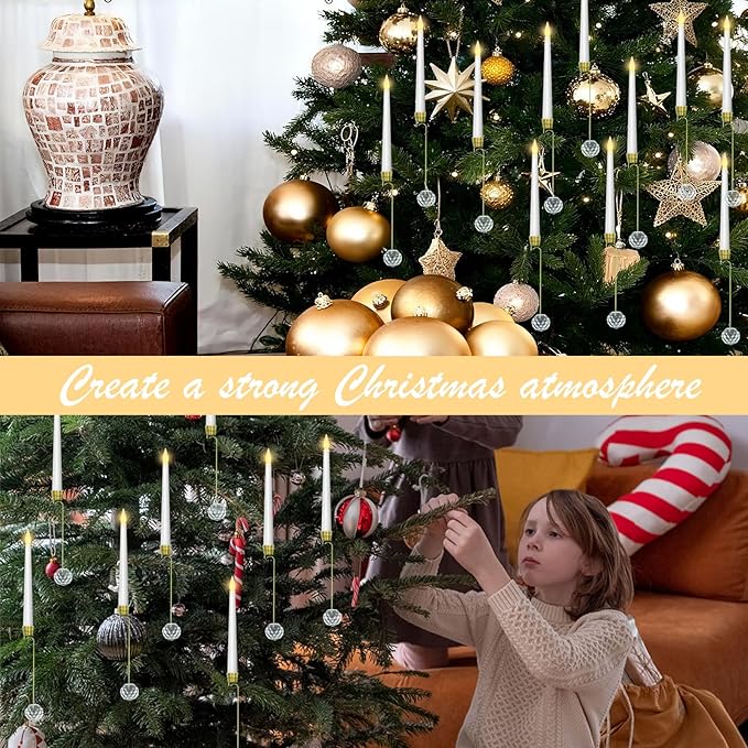 Flameless Christmas Tree Hanging Candles with Remote,12 Pcs LED Taper Candles,Flickering Battery Operated Taper Candle with 12 Crystal Ball Hooks for Christmas Decorations Best Gift(White)