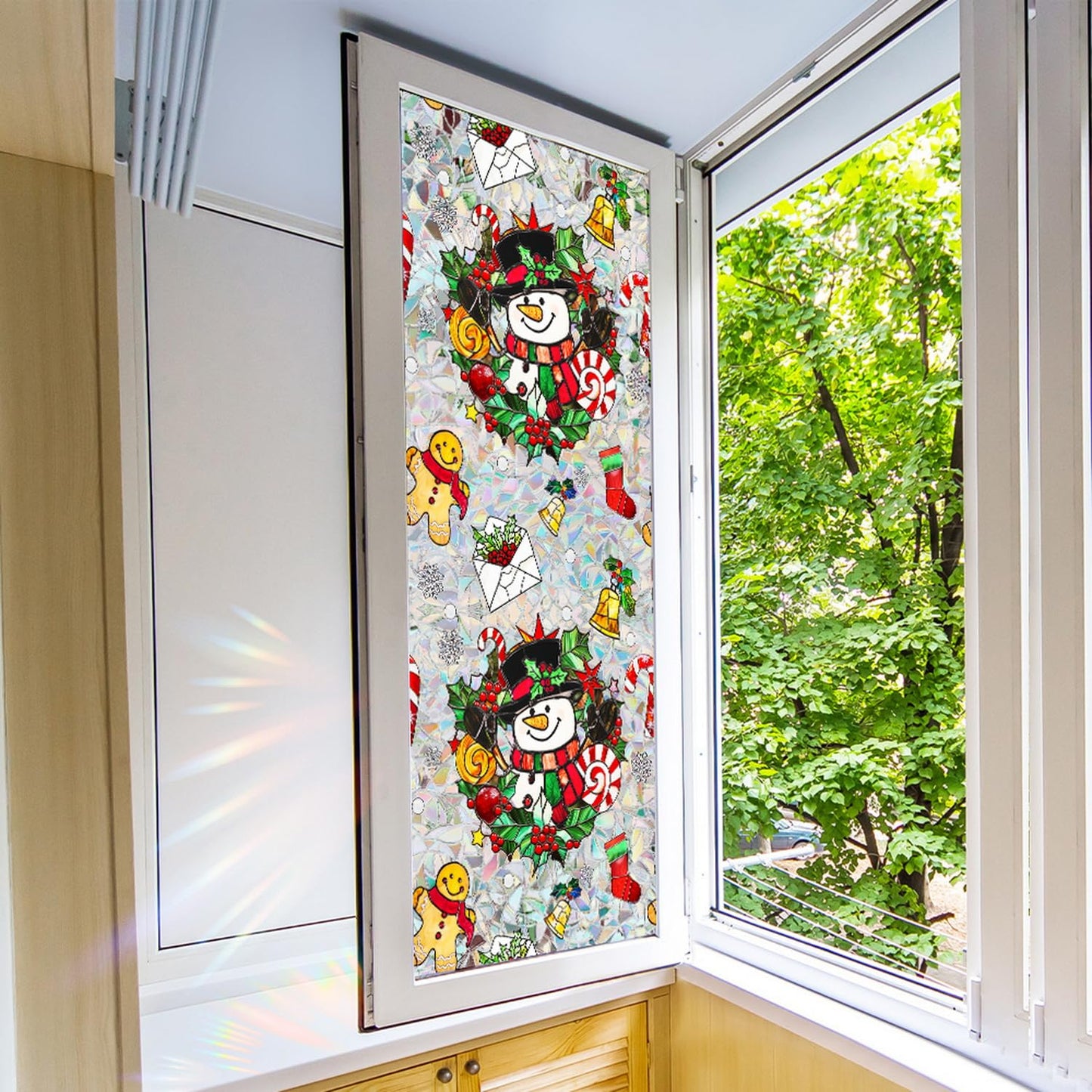 Christmas Window Film Decorative Snowman Gingerbread Man Xmas Red Berry Designs Stained Static Glass Window Clings Stickers for Home Office Living Room Bedroom Glass Windows Door Decor 17x 39.3 Inch