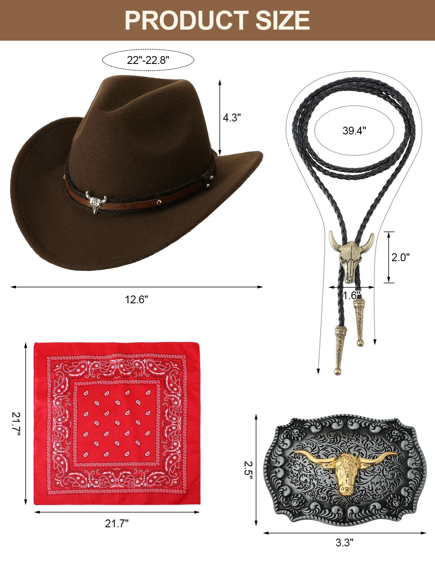 Toulite 4 Pcs Western Cowboy Accessories for Men Cowboy Hat Leather Rodeo Leather Necktie Cow Horn Belt Buckle Paisley Bandana for Western Outfit Halloween Cosplay