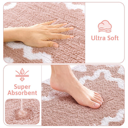 Findosom Bathroom Rugs Sets 5 Piece, Absorbent Soft Non-Slip Washable Microfiber Shaggy Bath Mat Set with Bathroom Runner Rug, U-Shaped Toilet Rugs, Shower Rug & Toilet Lid Cover, Pink-White