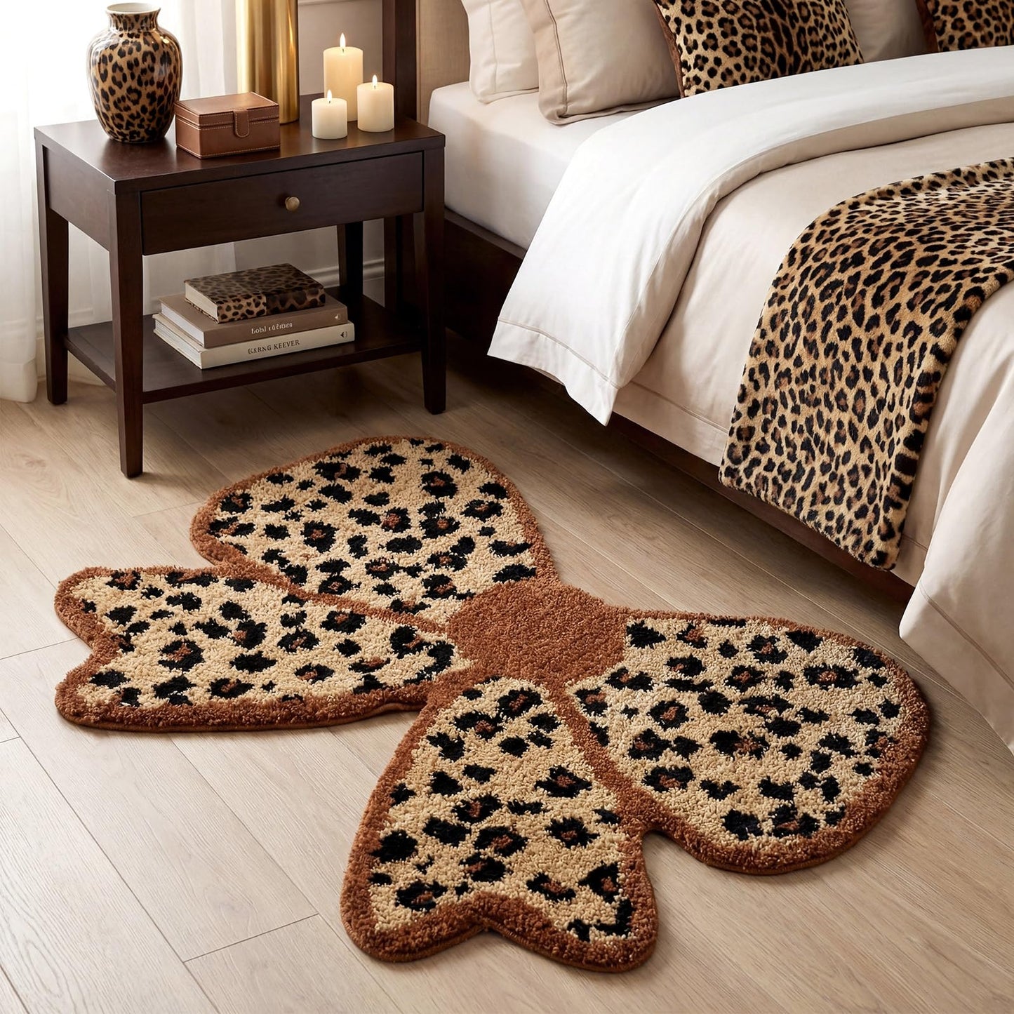 Klyyo Clyro Leopard Print Bow Shaped Bathroom Rug, 31.5x22 in Soft Plush Cheetah Bow Bath Mat, Coquette Cute Bowknot Room Decor, Aesthetic Non Slip Animal Print Area Rug for Bedroom Living Room