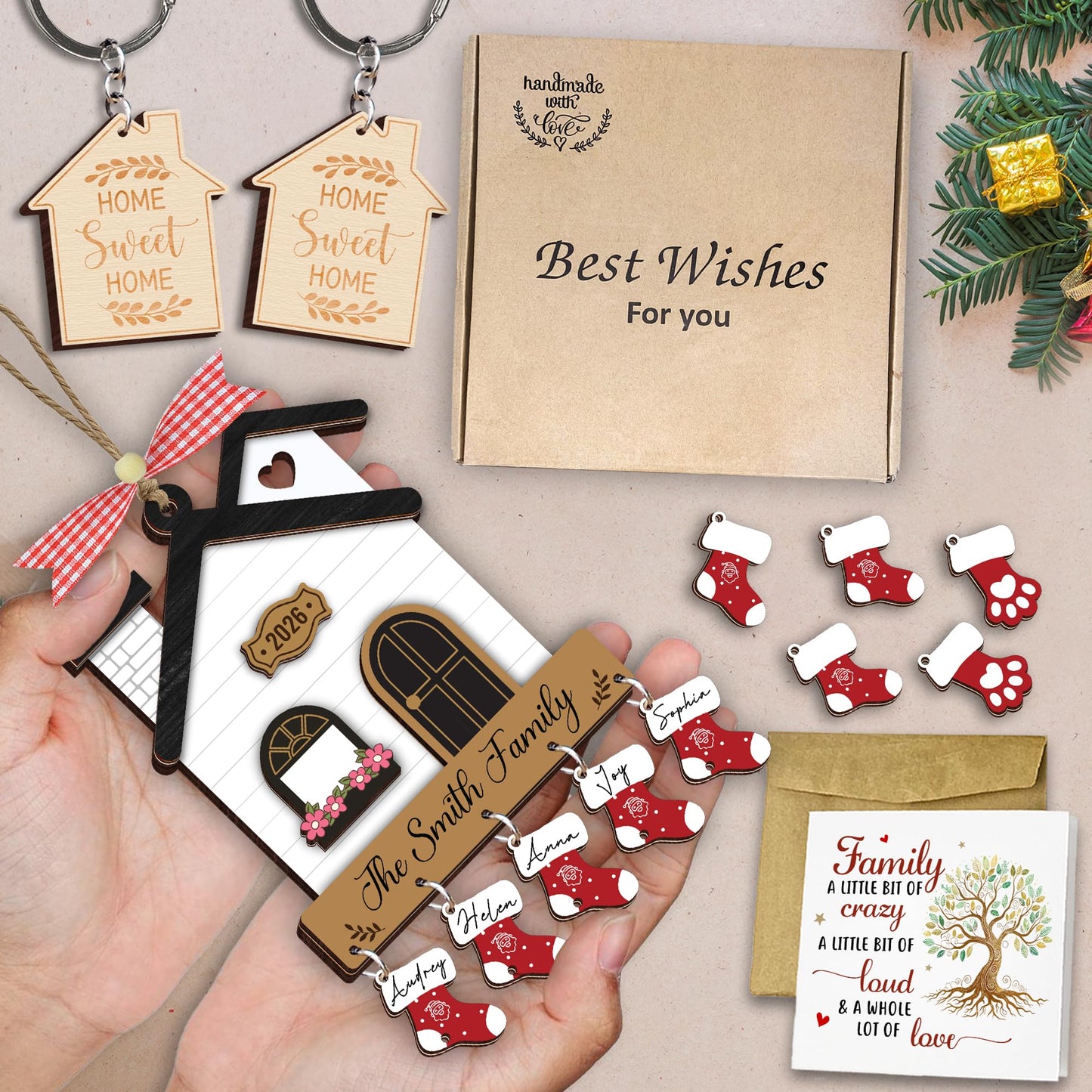 DIY New Home Ornaments 2026, Family Ornament 2026, Family of 3, 4, 5, 6, 7, 8 Ornament with Dog, Cat, Customized Ornaments for Tree, Home Sweet Home Keychain, House Decoration HH624