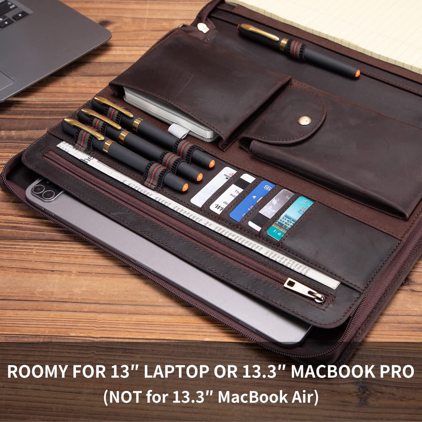 Geslun Genuine Leather Portfolio with Front Pocket for Men and Women, Zippered Padfolio Binder 8.5 x 11 Legal Pad Notebook Holder, Fits 13” Laptop, Professional Work File Case, Dark Brown
