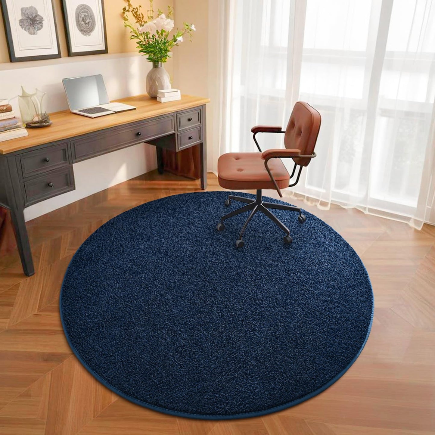 Nuttumico Ultra Soft Round Area Rugs for Living Room Bedroom, 4x4 Feet Navy Blue Washable Non-Slip Indoor Rugs, Thickened Memory Foam Modern Indoor Circle Carpet for Boys Girls Room Home Decor