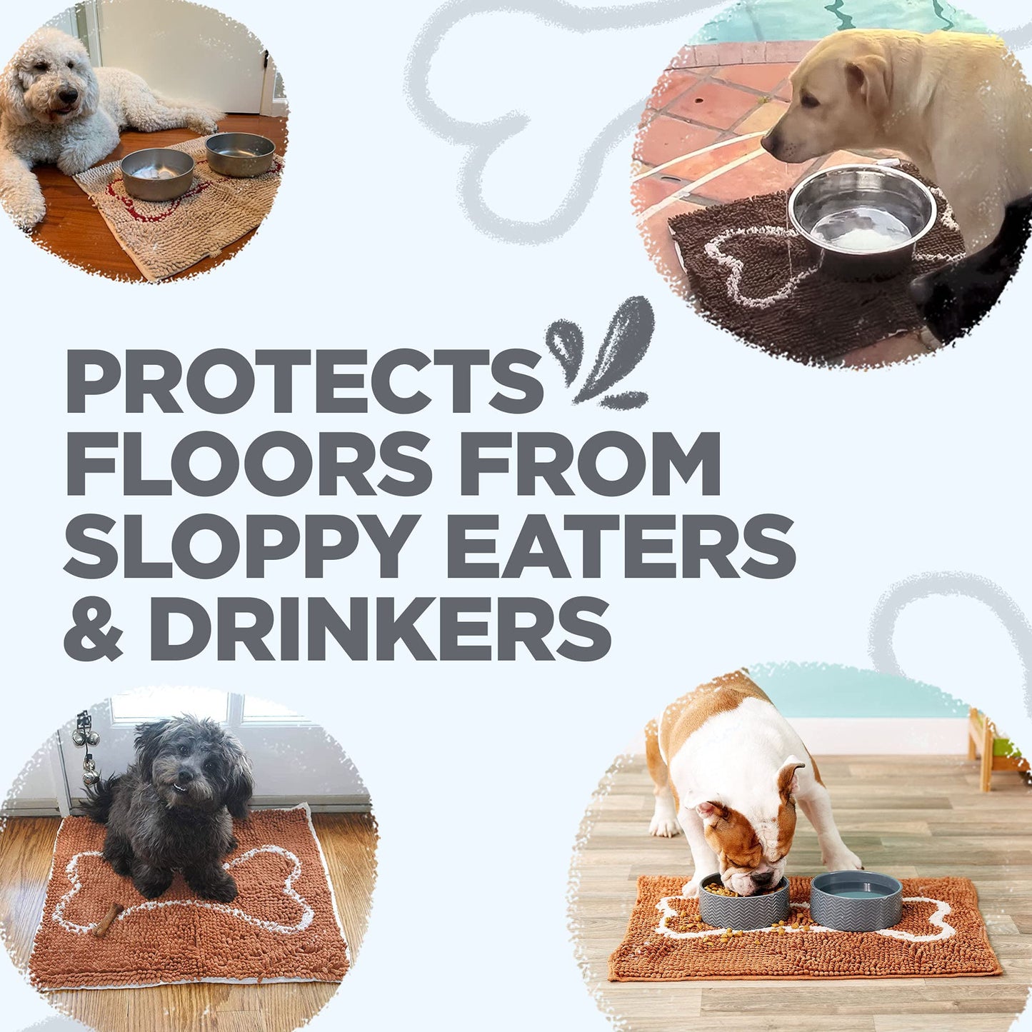 Soggy Doggy Slopmat Dog Food Mat – Absorbent Microfiber Chenille Pet Feeding Mat for Food & Water Bowls, Muddy Paws Small Doormat, Non-Slip, Machine Washable Rug – Gray/Light Gray Bone, 18” x 24”