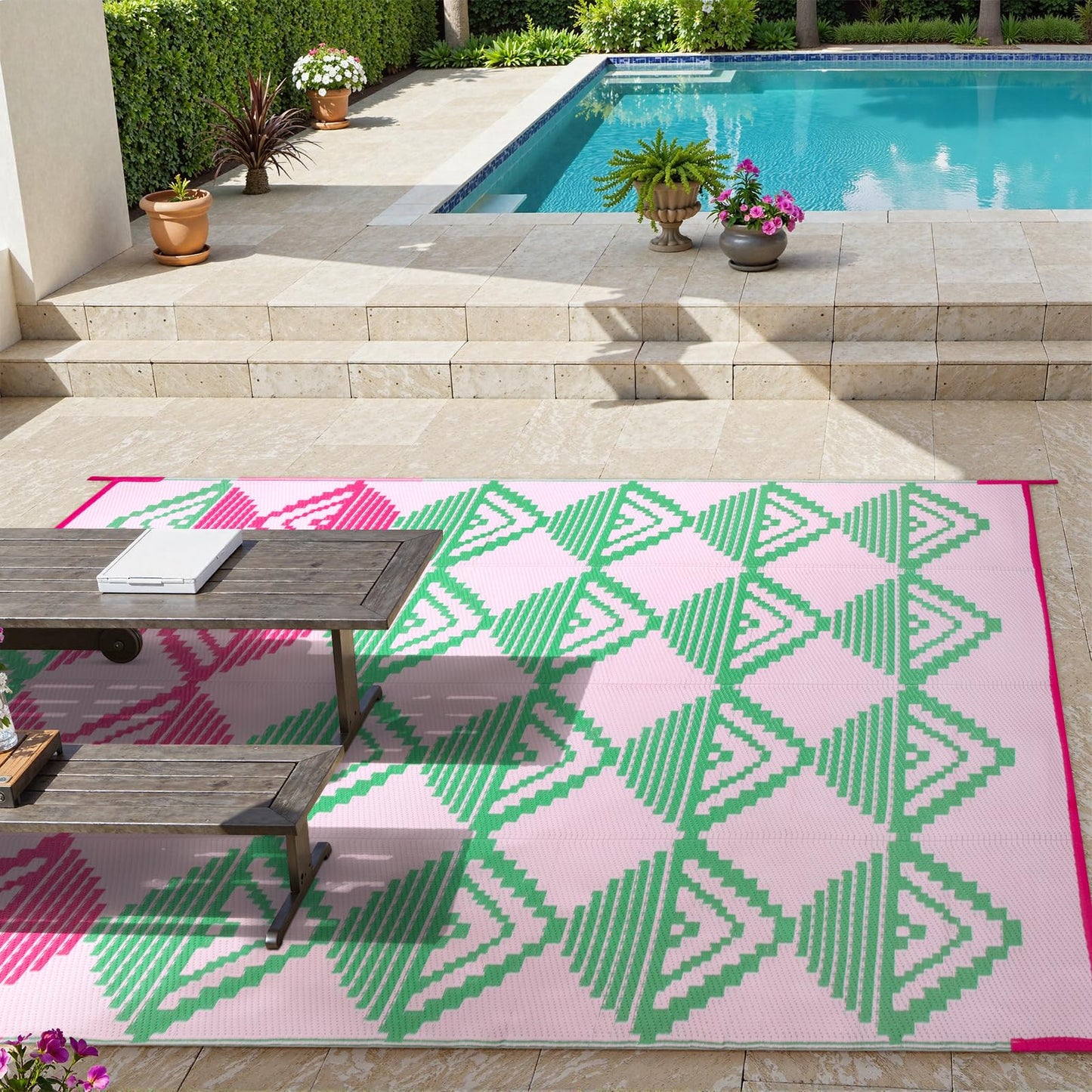 Lahome Waterproof Outdoor Rug 8x10, Reversible Outdoor Plastic Straw Rug for Patios, Outside RV Mat Carpet for Deck Porch Backyard Balcony Picnic Trailer (Pink/Green, 8' x 10')