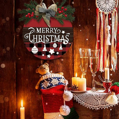 Merry Christmas Door Sign Xmas Buffalo Plaid Hanging Signs With Bow And Wreath Christmas Stars Wooden Sign for Front Door for Holiday Rustic Farmhouse Outdoor Wall Window Decor 12 Inch