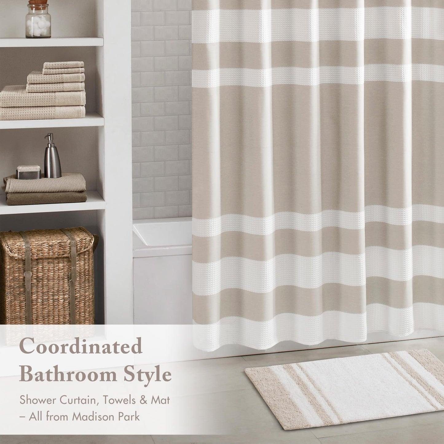 Madison Park Reversible Spa Rug 100%-Cotton Striped Ultra Soft Water Fast Bath Non-Slip Absorbent Quick Dry Mats for Tub, Shower Room, and Bathroom, 20x30, Taupe (Pack of 1)
