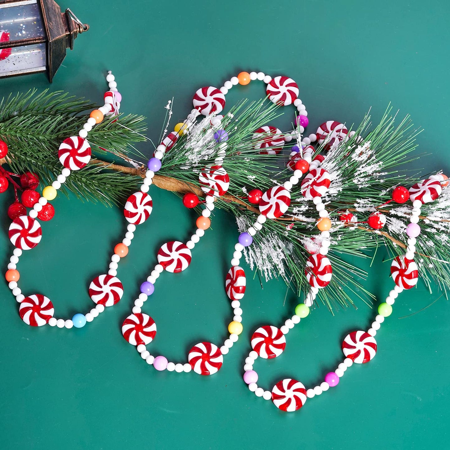 Obmwang 10 Feet Christmas Candy Garland - Red and White Peppermint Beaded Hanging Ornaments for Xmas Tree, Party Supplies, and Holiday Favors