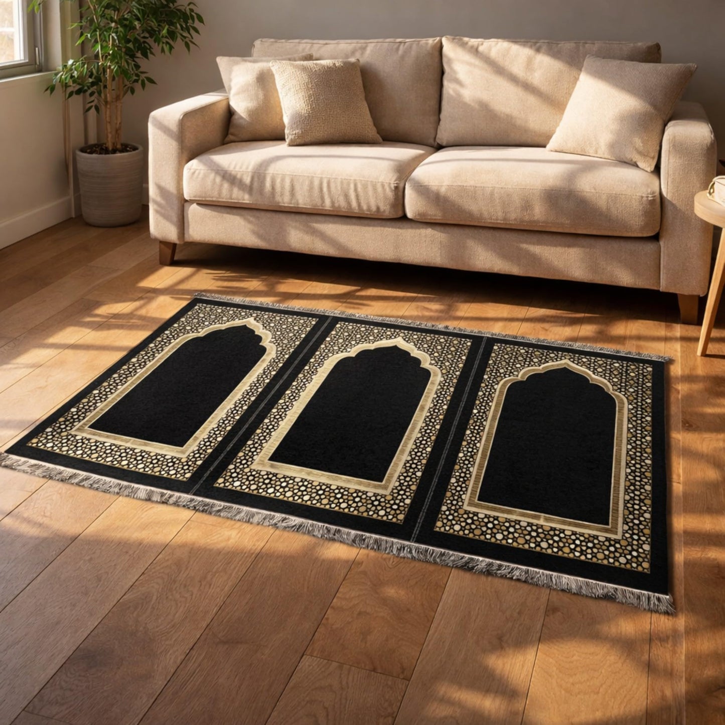 Modefa Turkish Islamic Prayer Mat - Wide Chenille Praying Mat - Multi Person Muslim Janamaz Sajada for Family - Large Gathering & Group Praying Carpet - Selcuk Star 3 Person (Black)