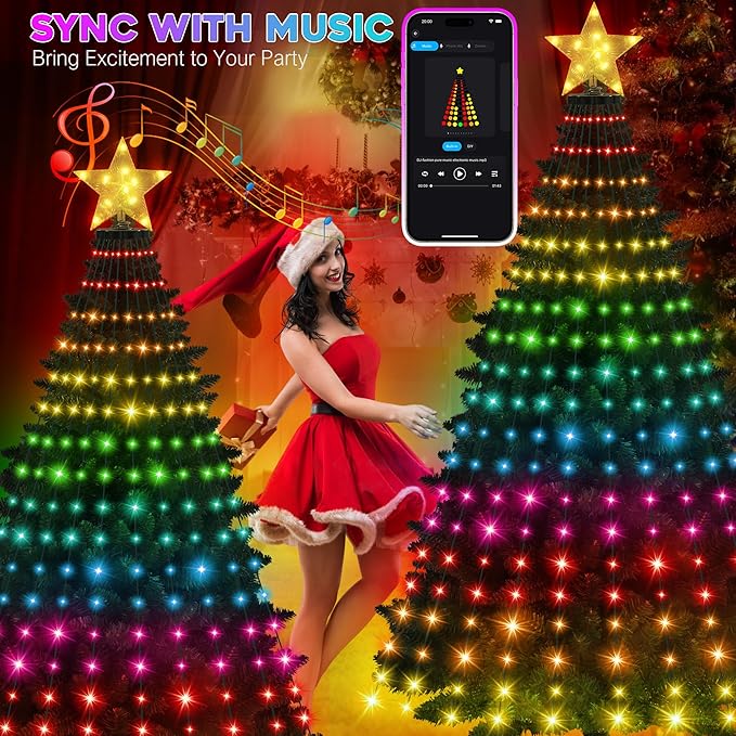 Smart Ring Christmas Tree Lights with Star Topper Indoor Outdoor - 6Ft x 20 Lines String 400 Optimum LED Easy App Control Images Color Changing Timer Remote Waterproof for 5 6 7 Ft Xmas Trees