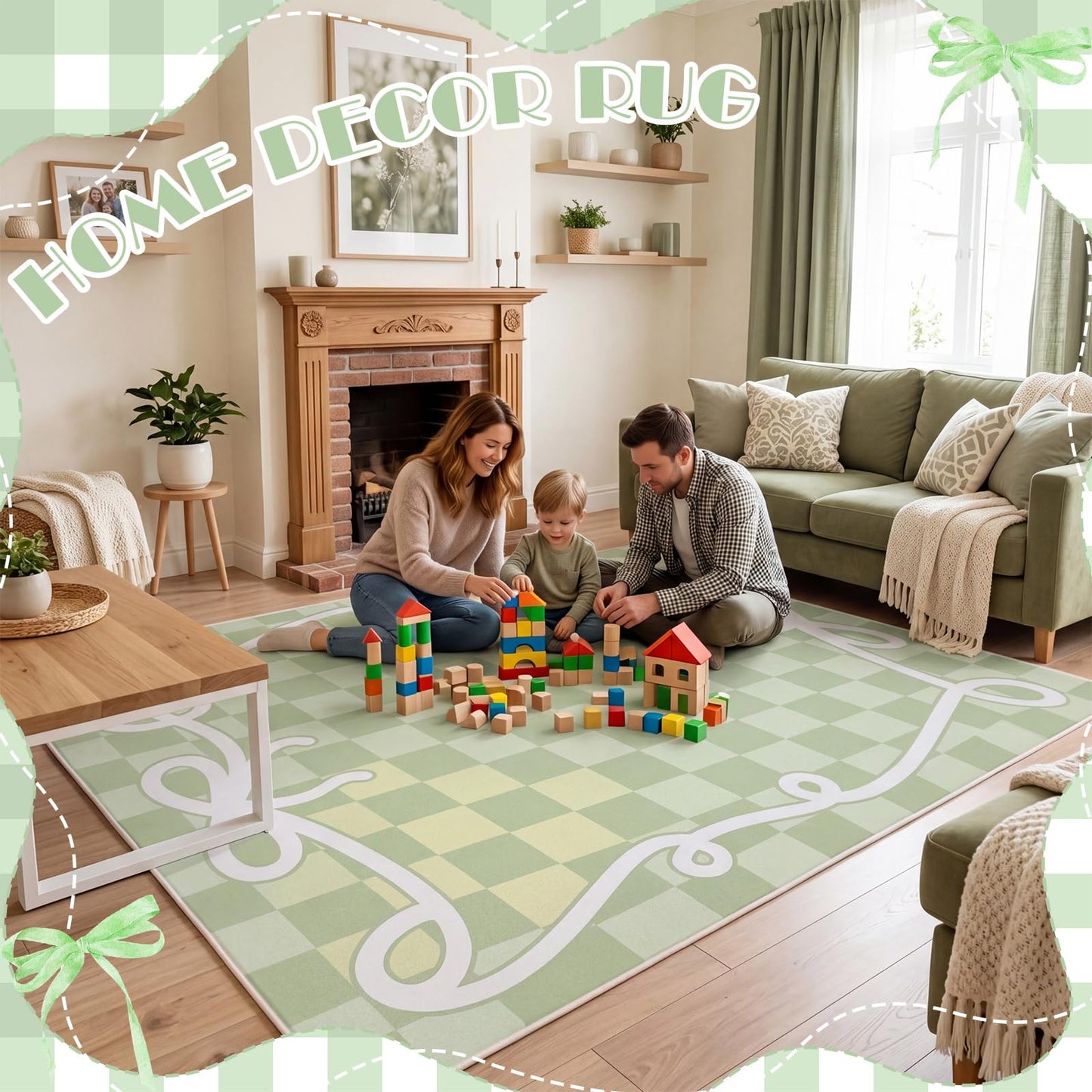 Klyyo Clyro Back to School Decoration Classroom Area Rug Green Bow Border Check Classroom Educational Area Rug for Kids, Children's Schoolroom for Teaching and Playroom, 5 x 7.6 Ft, Seats 20