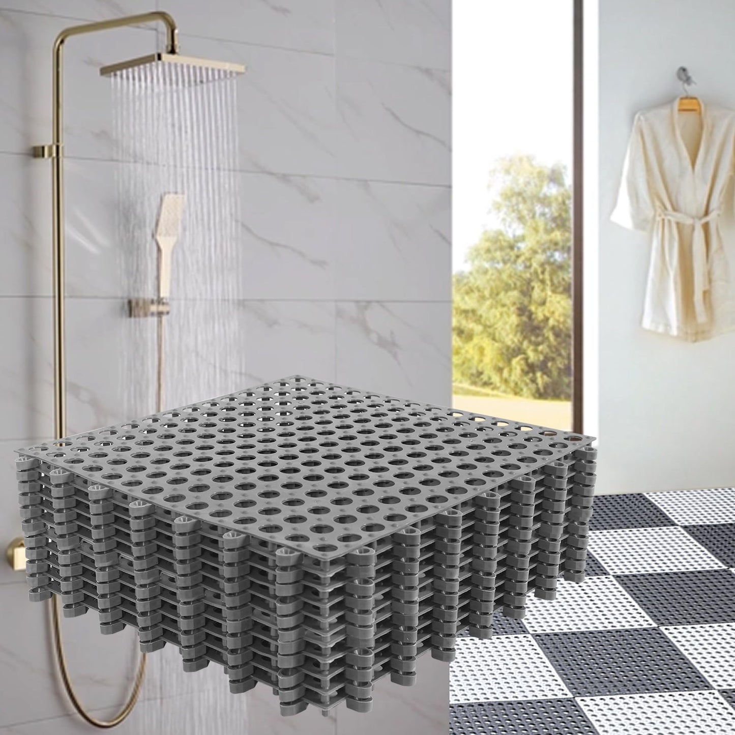 12 Pack 11.8" x 11.8" Interlocking Floor Tiles with Drain Holes Soft PVC Non Slip Shower Floor Mat Modular Interlocking Cushion Mat for Drain, Pool, Patio, Balcony, Kennel, Poultry, Floor Grid, Grey