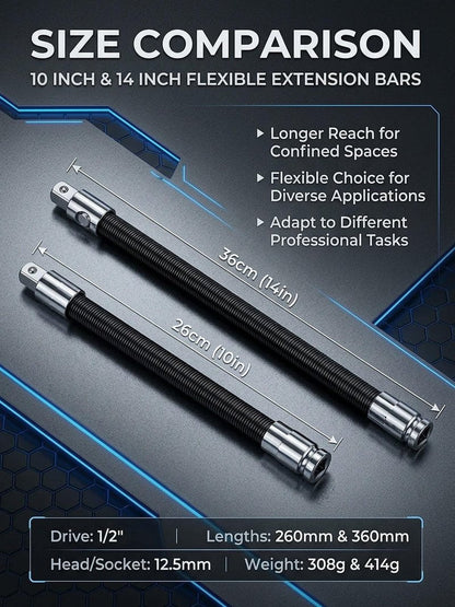 1/2 flexible shaft extension extender torque socket wrench ratchet drive bar bendable spring steel flex reach tool long connecting rod electric impact drill adapter set for Hard to Reach(14in)