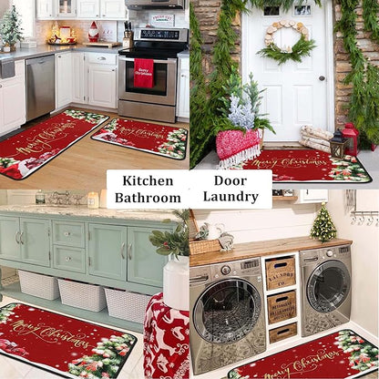 Christmas Kitchen Rugs 2 PCS, Merry Christmas Kitchen Rug, Non Skid Washable Padded Soft Comfort Kitchen Rugs Set (17"x47"+17"x30",Merry Christmas)