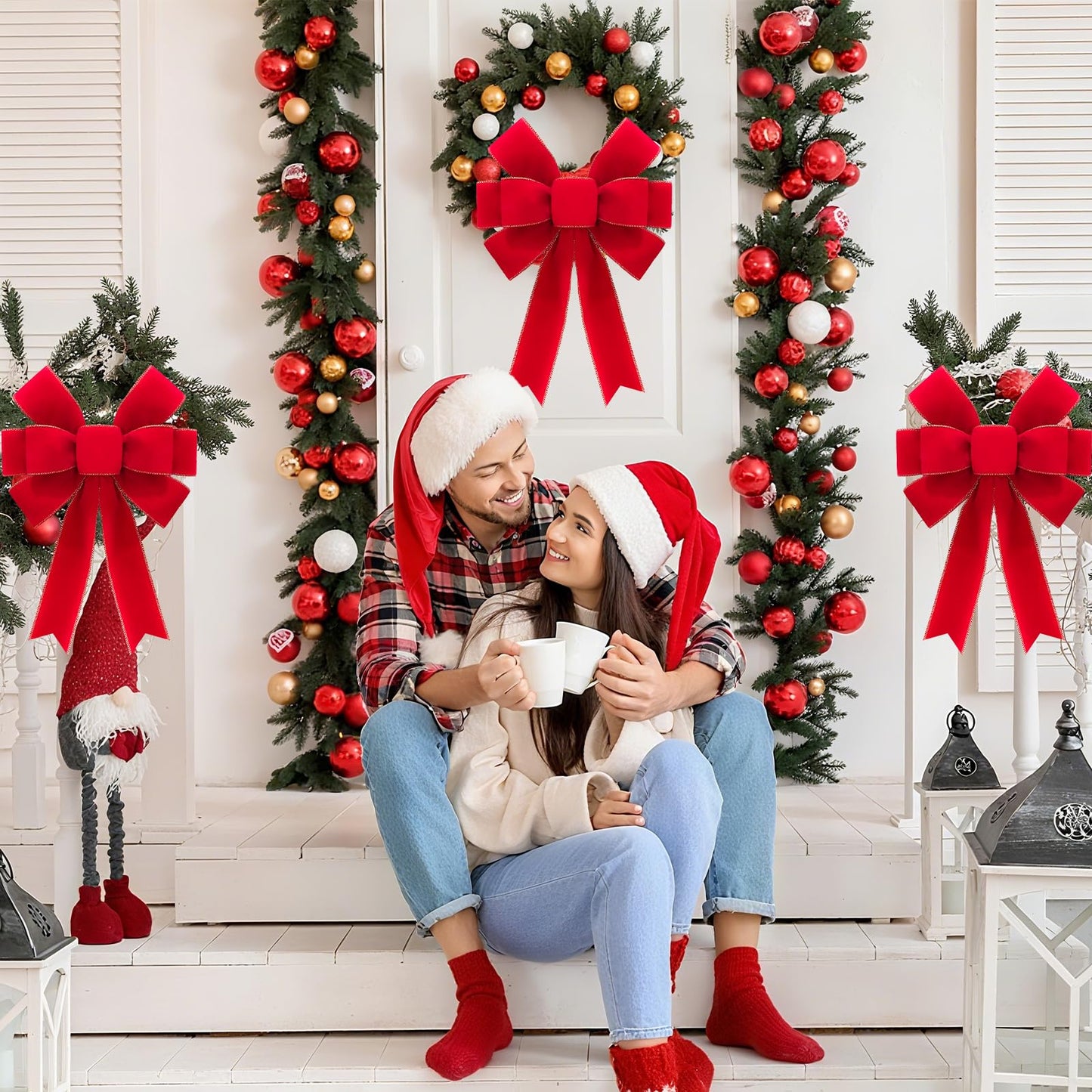 2pcs 16-Inch Velvet Red Bows for Christmas Tree, Handmade Christmas Bow Tree Topper-Gold Wire-Fluffy Sturdy Shape-Retaining, Gift Boxed & Ready-to-Use for Wreath Floral Fireplace Outdoor Car Garden