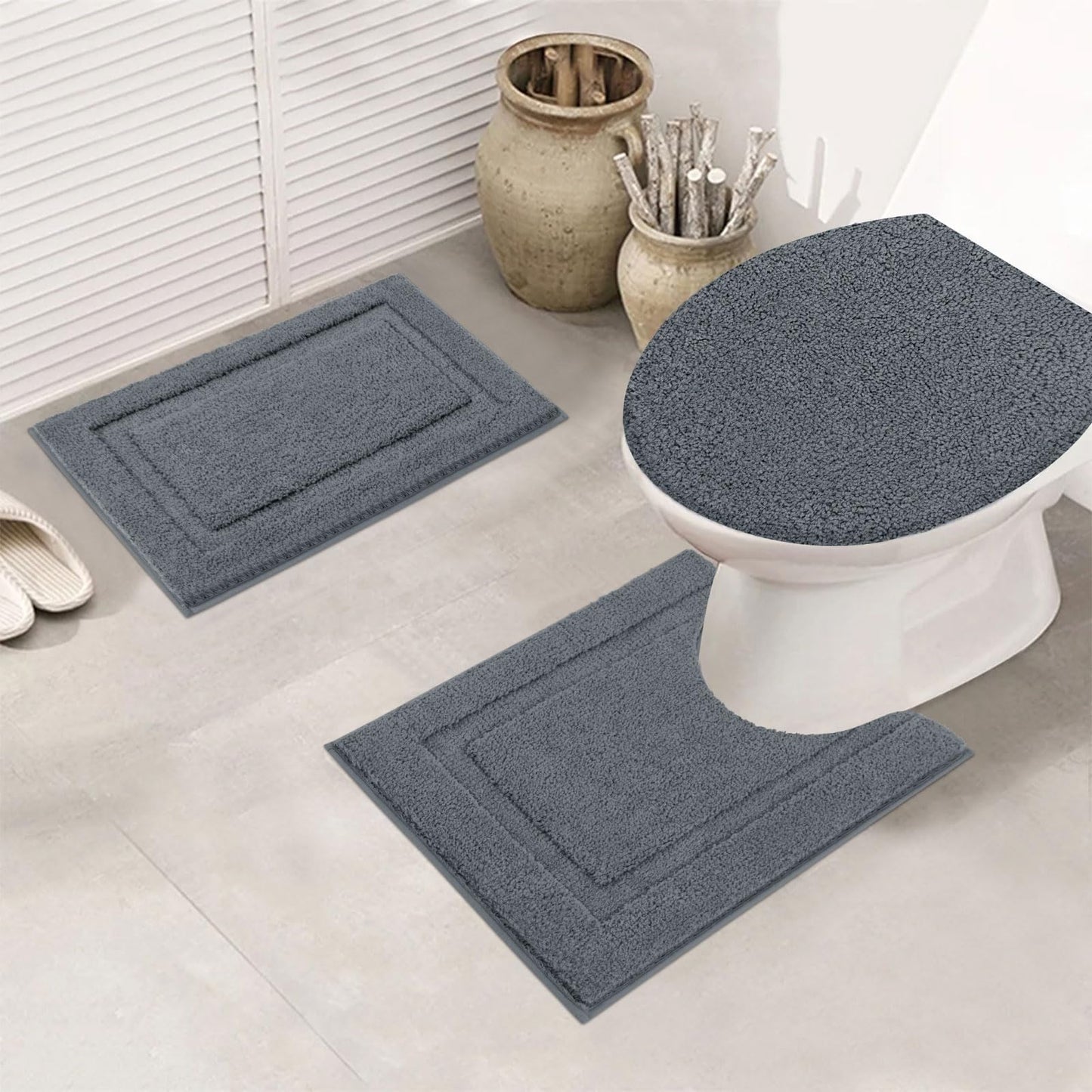 SHACOS Bathroom Rugs Sets 3 Piece with Toilet Lid Cover, 16"x24"Bath Mat and 20"x24" U-Shape Contoured Toilet Mat Machine Washable Shaggy Absorbent Bath Rugs(Dark Grey)