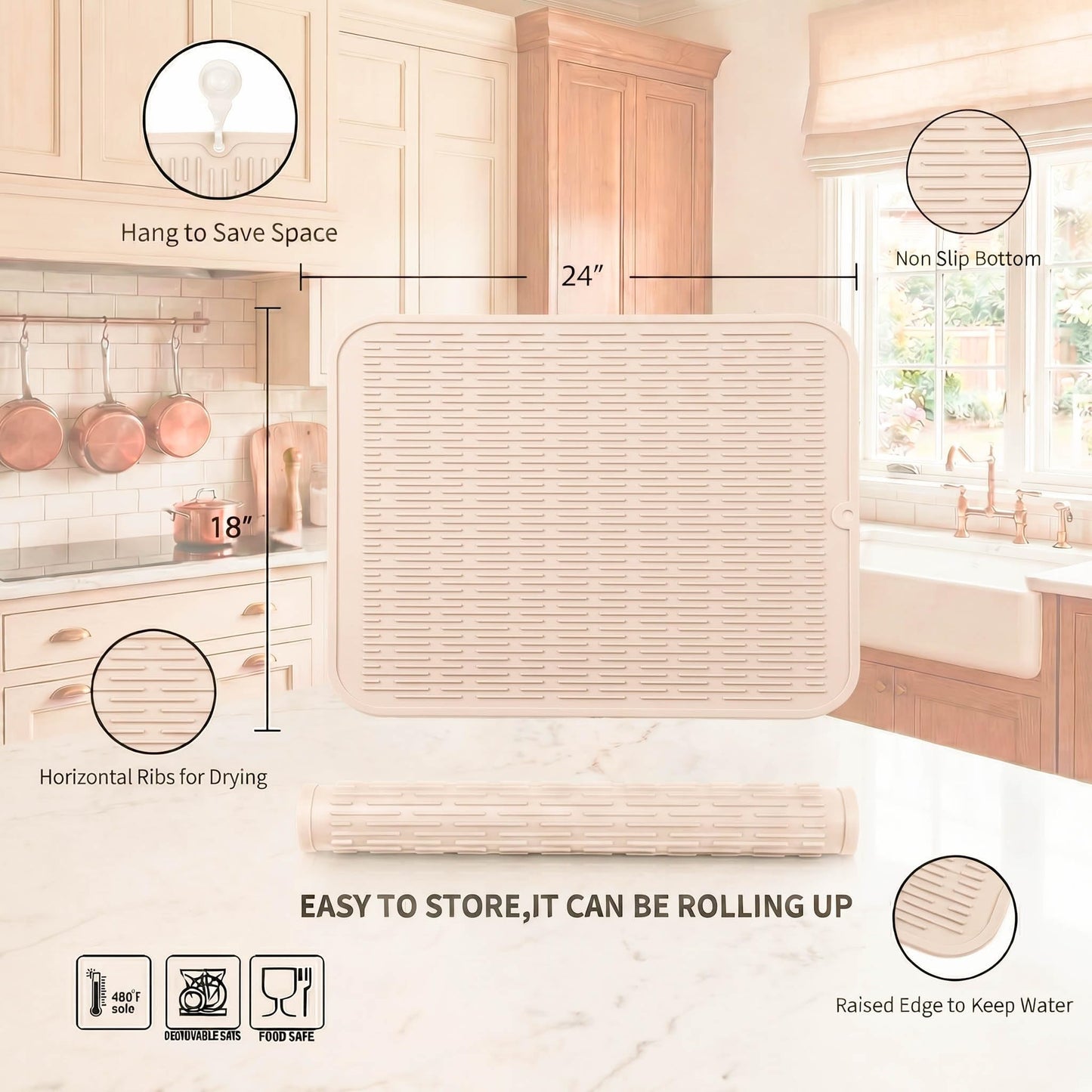 MicoYang Silicone Dish Drying Mat for Multiple Usage,Easy clean,Eco-friendly,Heat-resistant Silicone Mat for Kitchen Counter or Sink,Refrigerator or Drawer Liner Tapioca 2XL 24 inches x 18 inches
