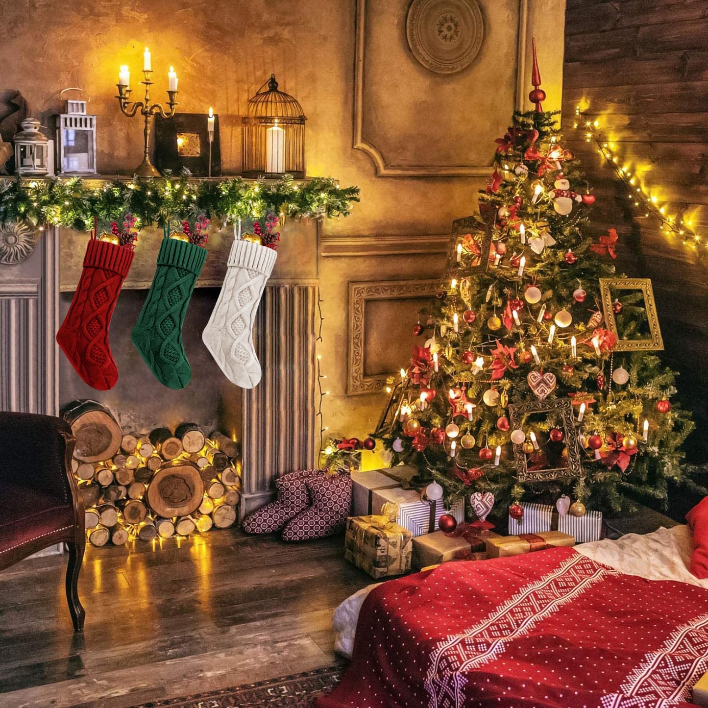 Fesciory Christmas Stockings, 3 Pack 18 Inches Cable Knitted Large Size Stocking Gifts & Decorations for Family Holiday Xmas Party (Burgundy&Ivory White and Green 18in)