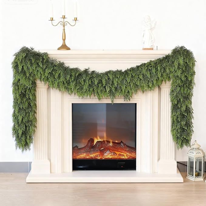 9FT Real Touch Cedar Garland for Fireplace - Artificial Christmas Garlands Realistic Faux Greenery Fake Pine Needles Garland for Holiday,Table, Window,Mantel,Stairs, Home,Indoor Outdoor Decor (1PCS)