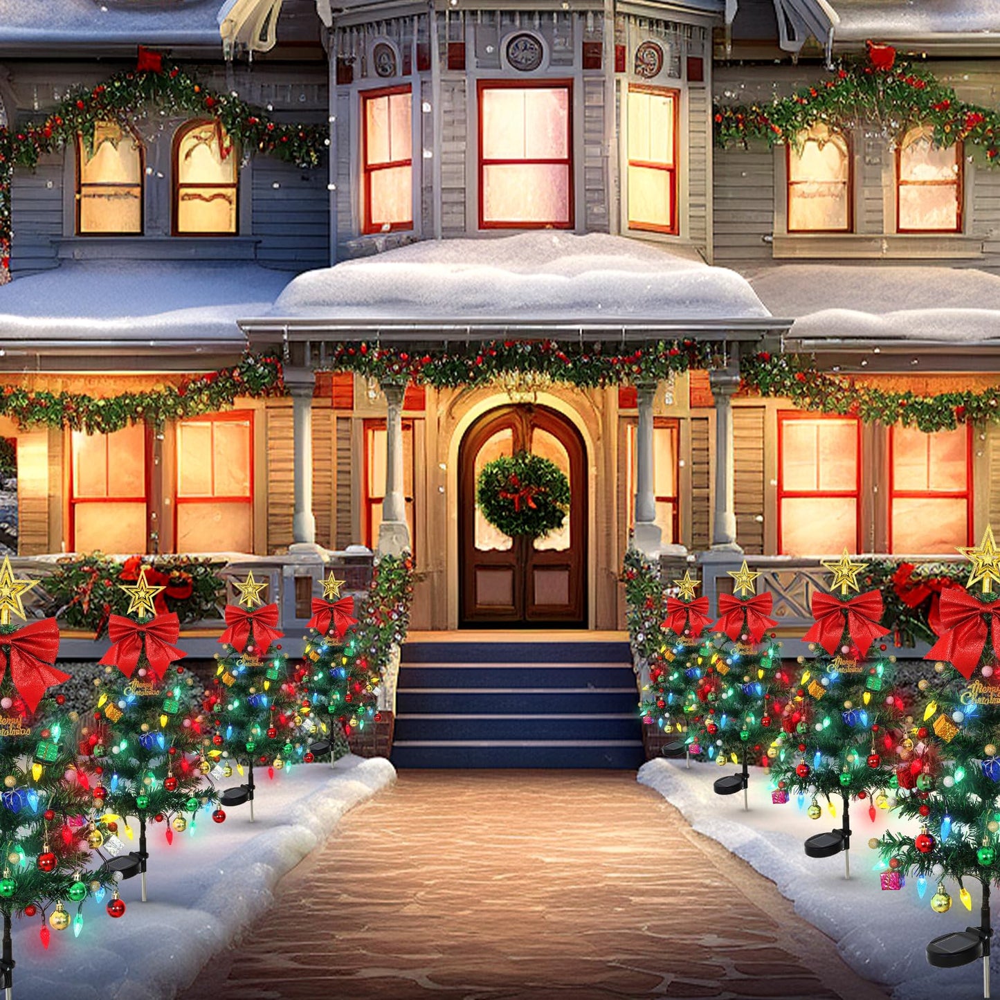 LOMOHOO 4 Packs Solar Christmas Tree 35.8in Outdoor Prelit Lighted Christmas Tree 2 Flashing Modes Solar Xmas Trees with 80 LED Lights for Holiday Porch Yard Garden Patio Cemetery Pathway