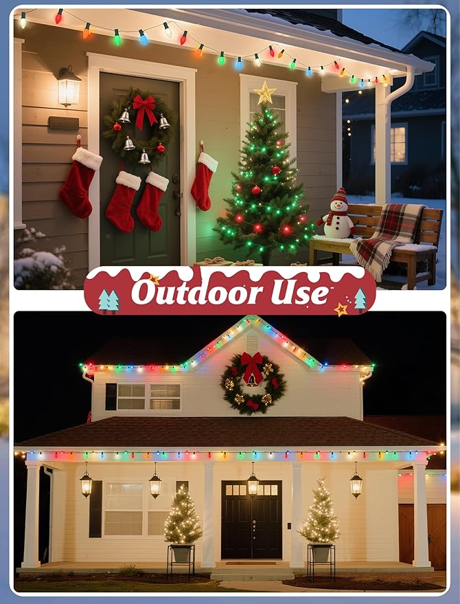 C7 LED Christmas Lights Outdoor,25FT Multicolor C7 Christmas Lights Indoor with 27 0.6w Bulb Fit E12 Base,Xmas Light Outdoor for House, Yard, Garden, Christmas Tree Decoration, Green Wire