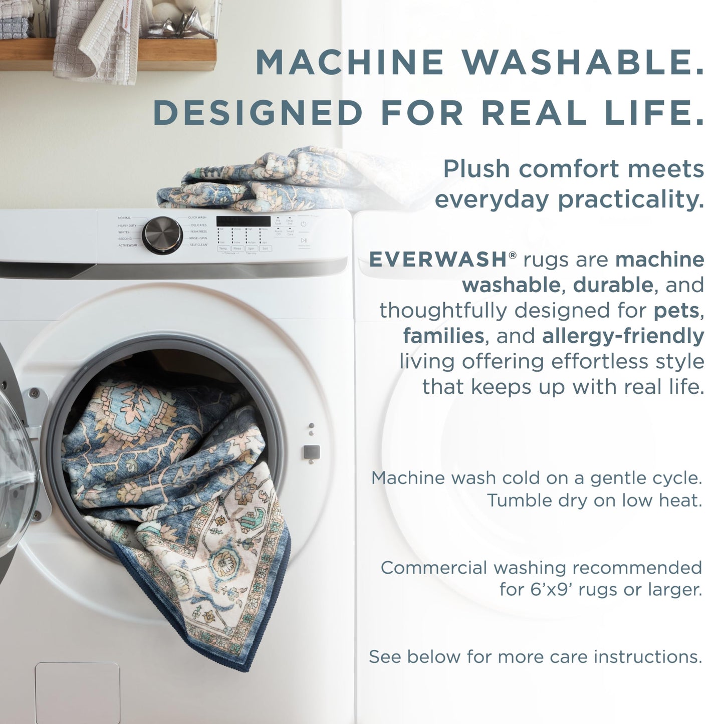EVERWASH Haven Floral Trellis Machine Washable Area Rug with Airflo Technology for Easy Clean, Ultra-Soft Non-Slip Rug with Built-in Pad, Pet, Family & Allergy Friendly, Blue, 2'6"x7'